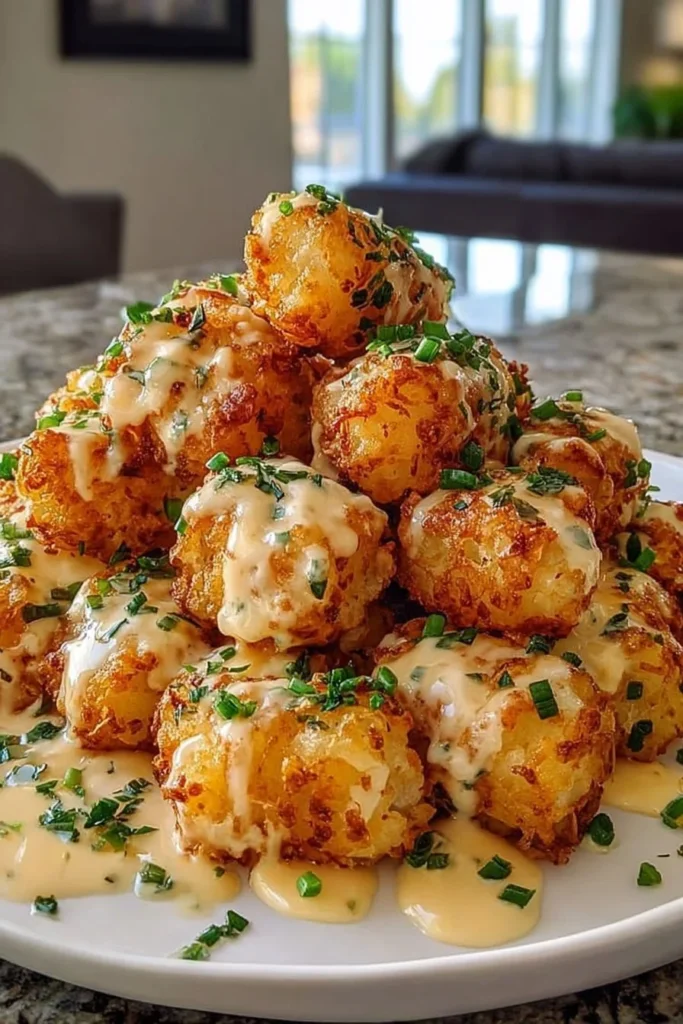 Cheddar Ranch Chicken Tater Tot Bake topped with cheese and ranch dressing
