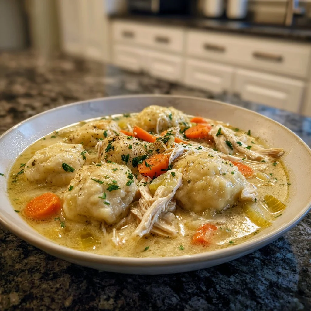 Bowl of hearty Chicken Dumpling Soup with fresh herbs and vegetables