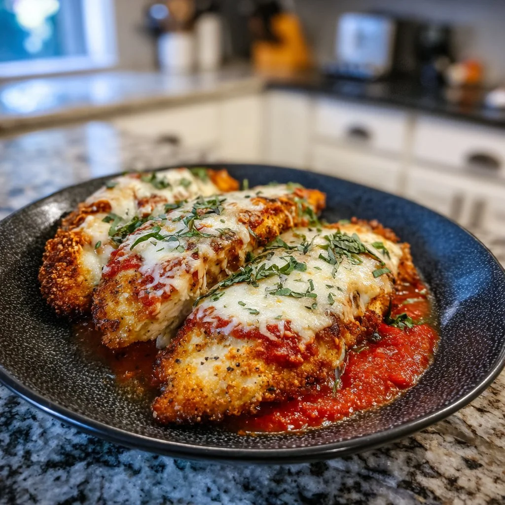 Plate of delicious Chicken Parmesan topped with melted cheese and fresh basil.