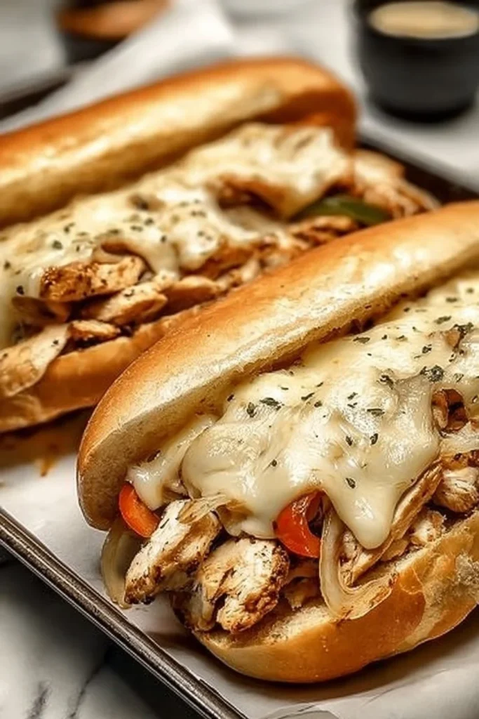 Delicious Chicken Philly Cheese Steaks served with melted cheese and peppers