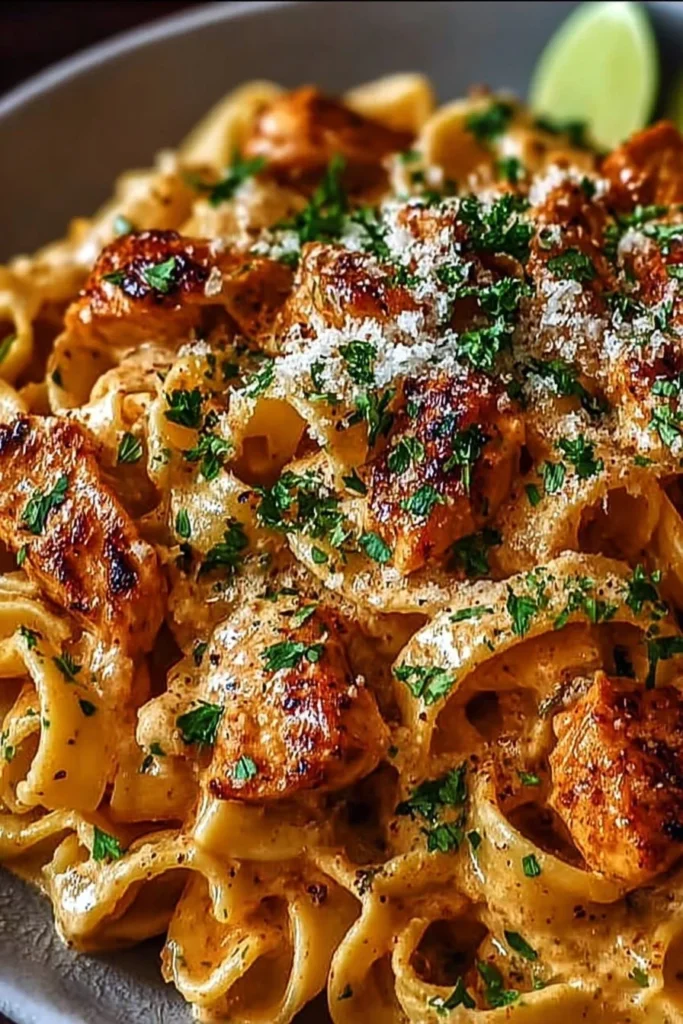 Delicious Cowboy Butter Chicken Pasta bowl with herbs and rich sauce.