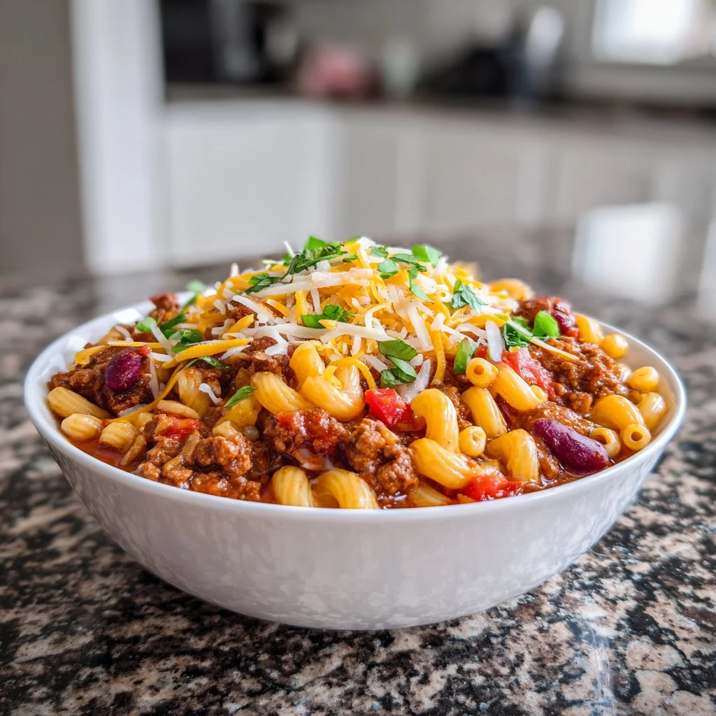 Bowl of cozy slow cooker chili mac topped with cheese and herbs