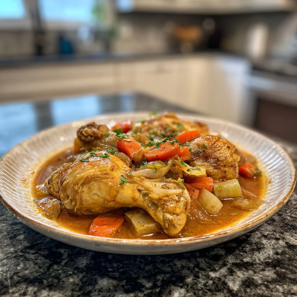 Delicious chicken crockpot recipe served with vegetables in a cozy setting.