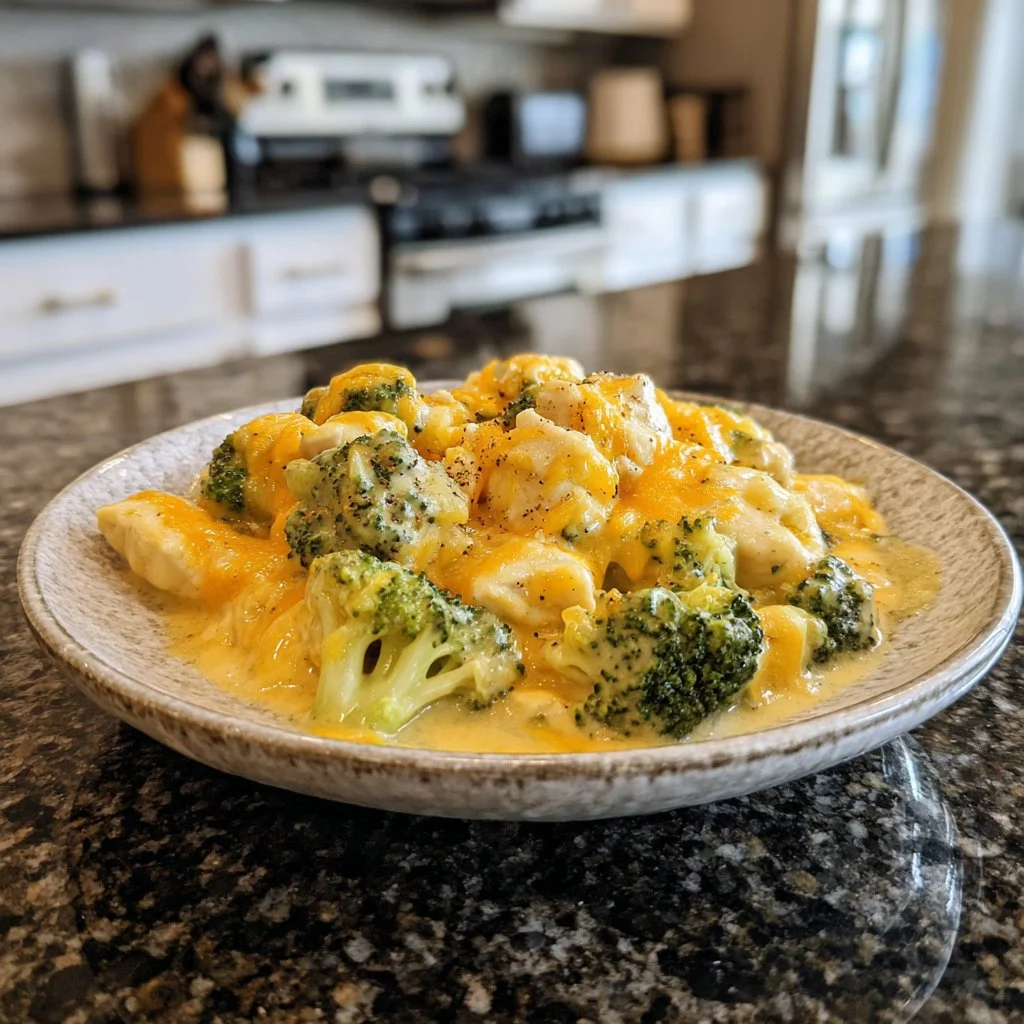 Delicious creamy broccoli cheddar chicken cooked in a crockpot