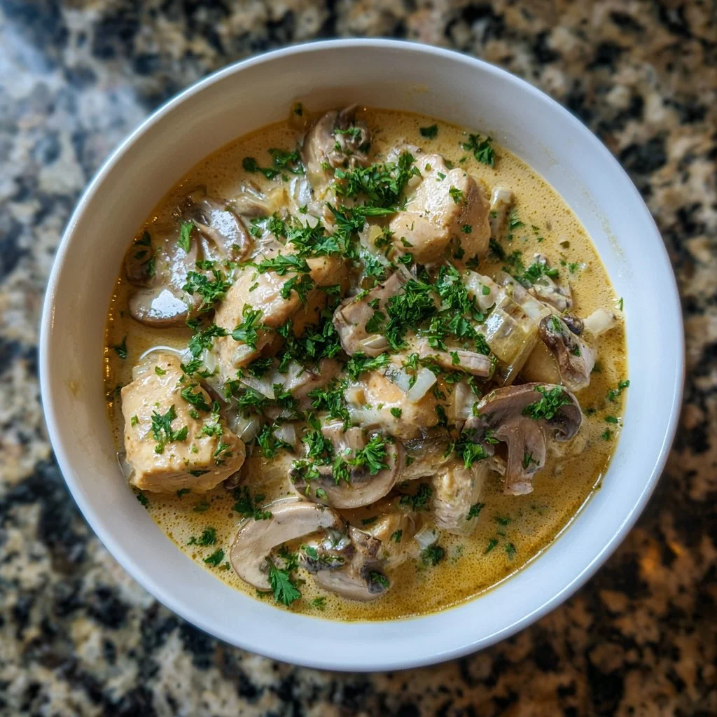 Creamy crockpot chicken stroganoff served in a bowl with herbs