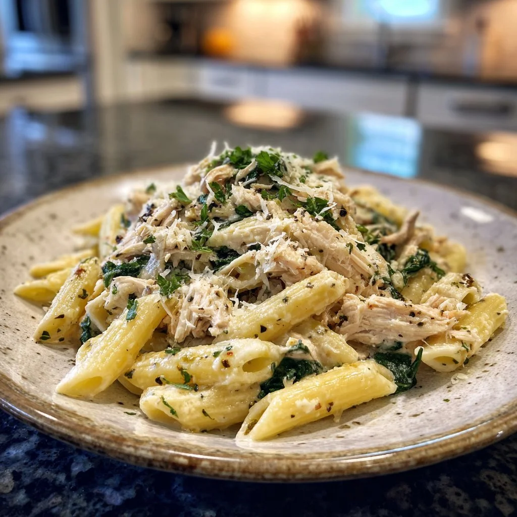 Creamy rotisserie chicken pasta served in a bowl with fresh herbs