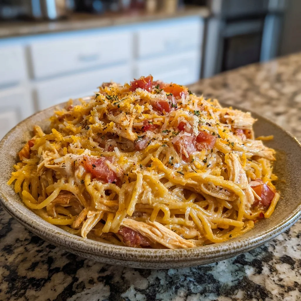 Delicious cheesy chicken spaghetti cooked in a cozy crock pot.