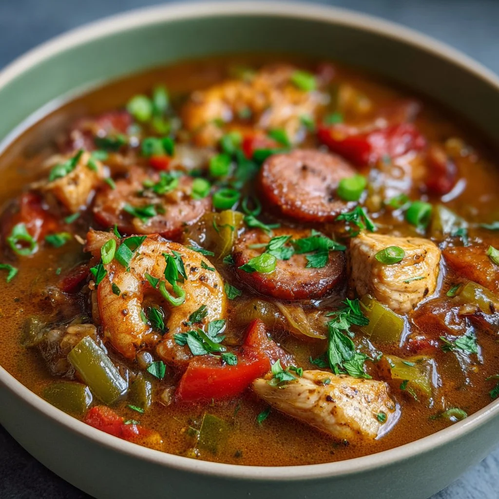 Cozy crock pot chicken and sausage gumbo served in a bowl
