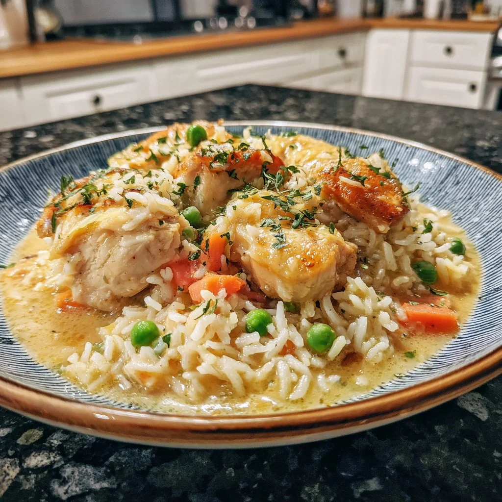 Cozy crock pot no peek chicken served with rice in a warm dish