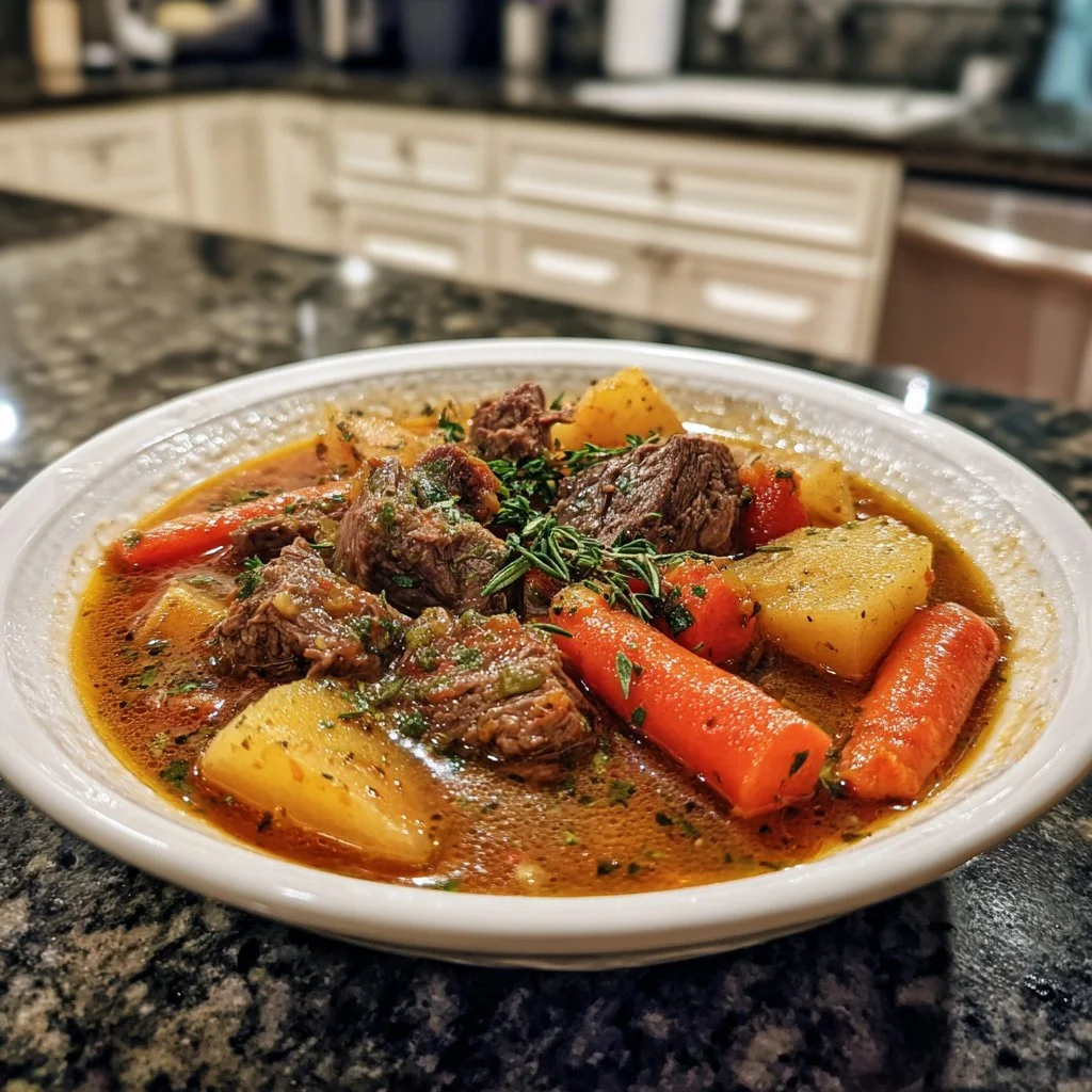 Cozy crockpot beef stew with tender beef and fresh vegetables