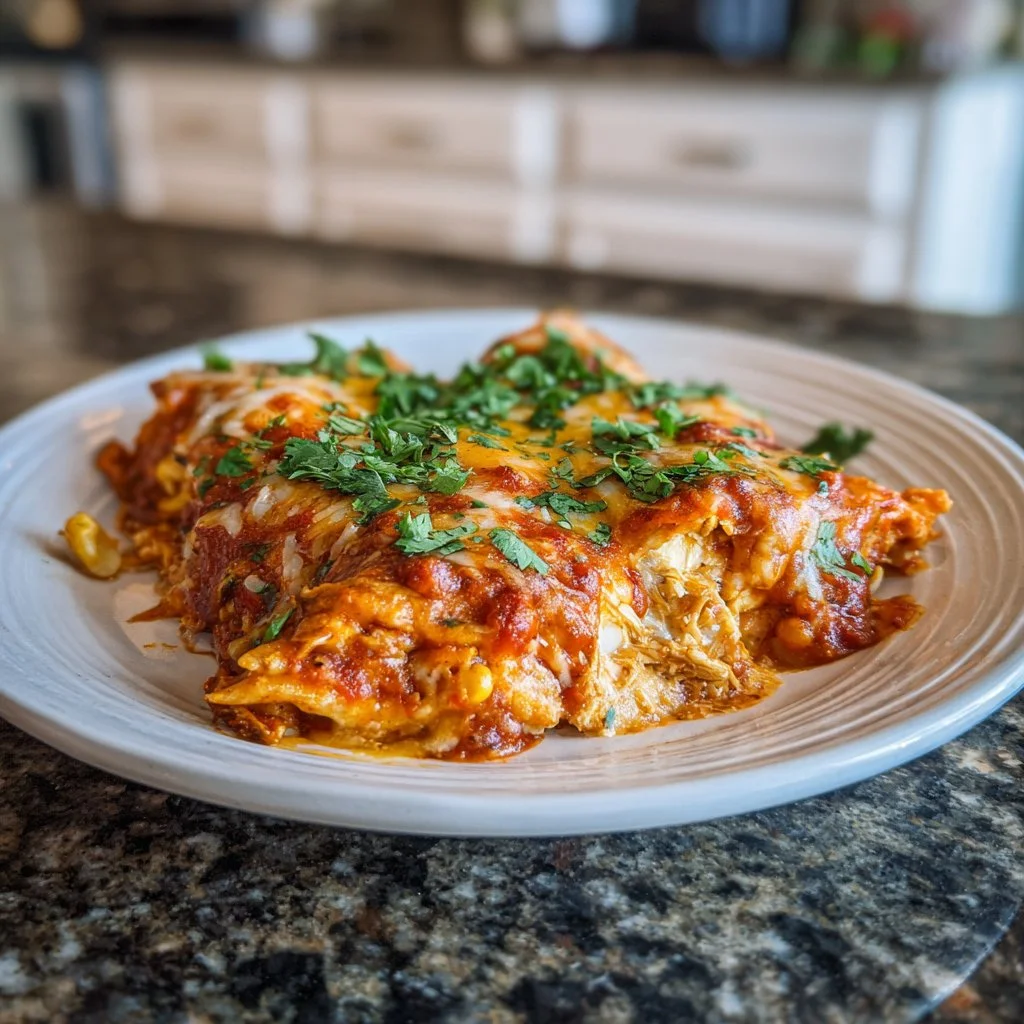 Delicious Crockpot Chicken Enchilada Casserole topped with cheese and cilantro