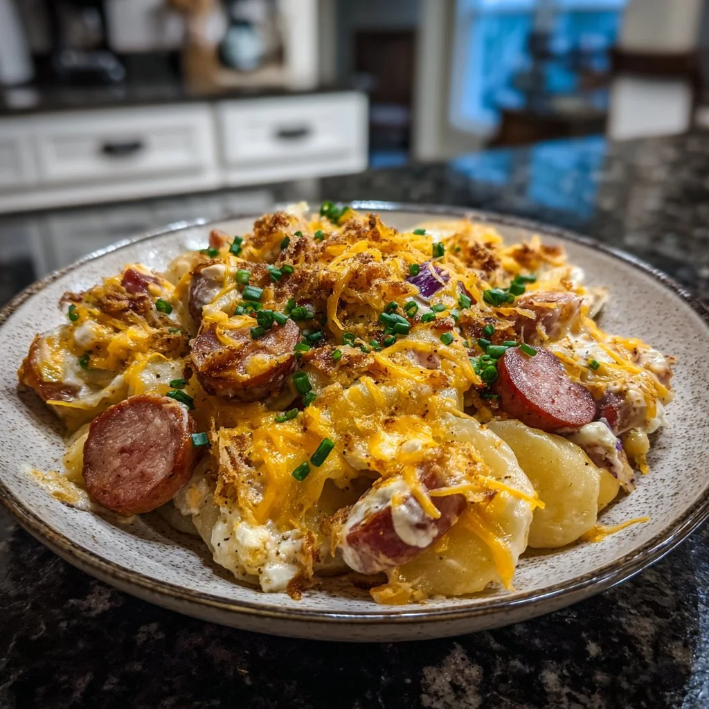 Cozy crockpot pierogi casserole with kielbasa served in a bowl