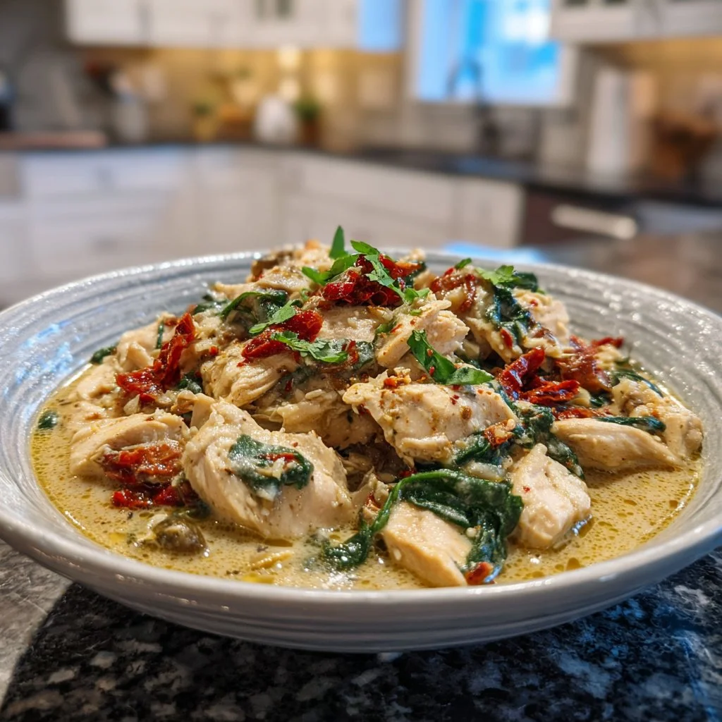 Bowl of Cozy Crockpot Tuscan Chicken Delight with fresh herbs and vegetables