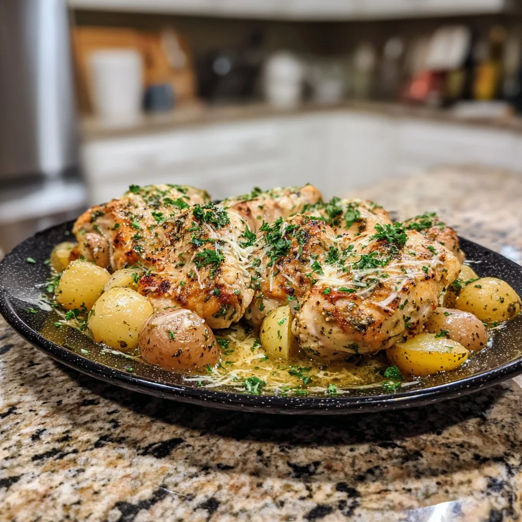 Cozy garlic parmesan chicken served with herbs and cheese