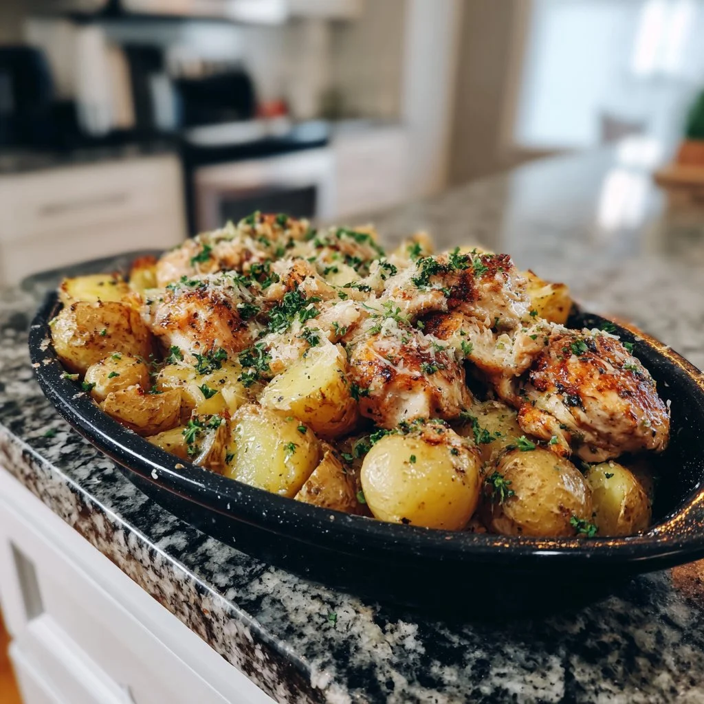 Cozy garlic parmesan chicken with golden roasted potatoes.