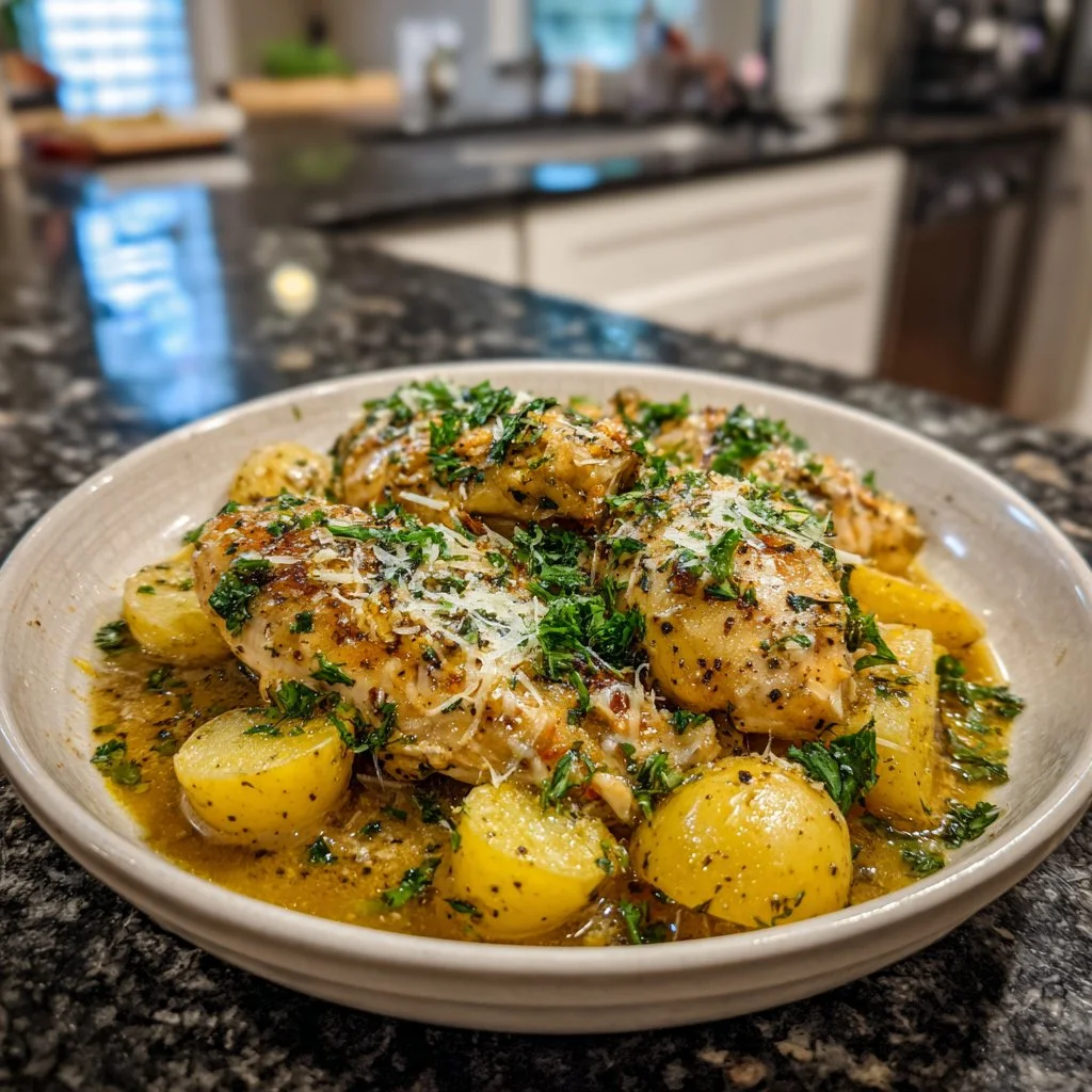 Cozy garlic parmesan chicken with potatoes made in a crockpot