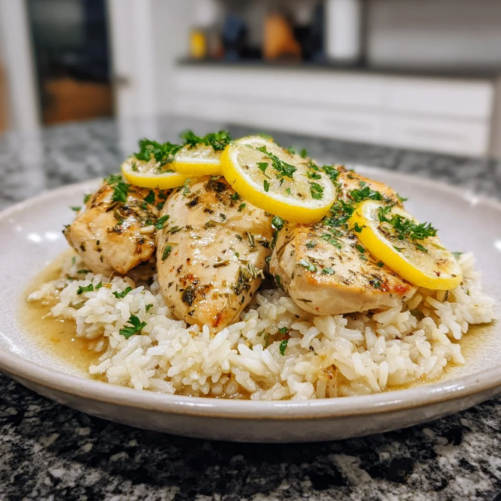 Cozy lemon herb chicken served over rice for a delicious meal.