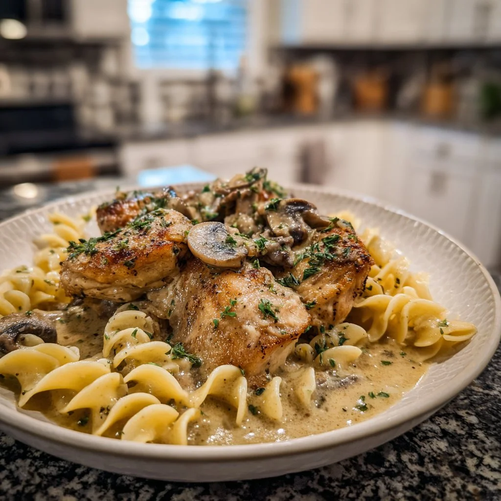 Cozy mushroom chicken dish served with creamy sauce and fresh herbs