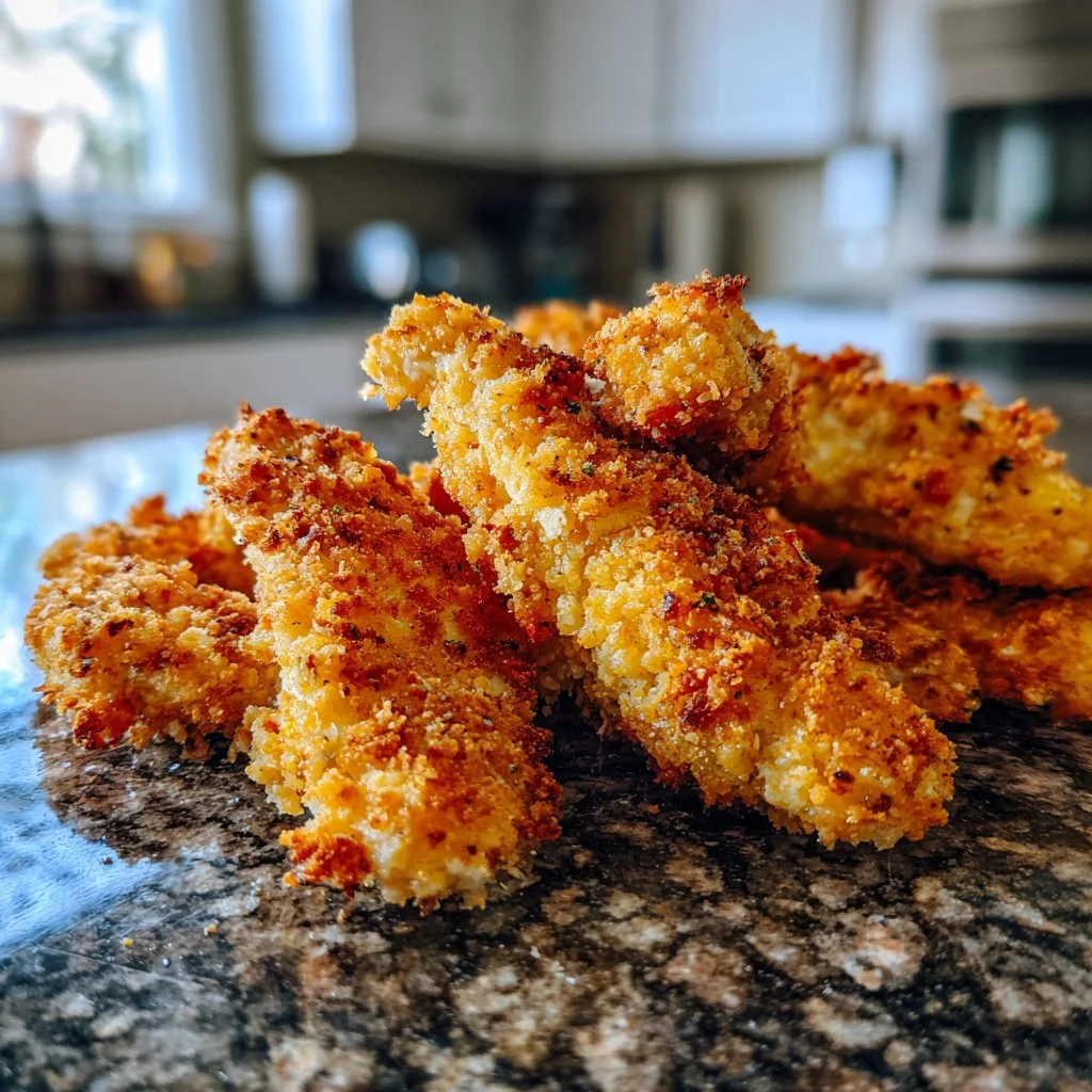 Cozy oven baked chicken tenders served on a plate with dipping sauce.