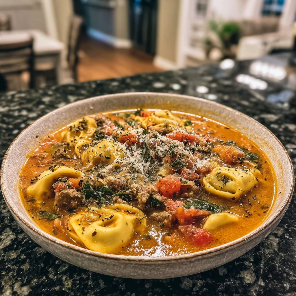 Bowl of cozy sausage and tortellini soup garnished with herbs