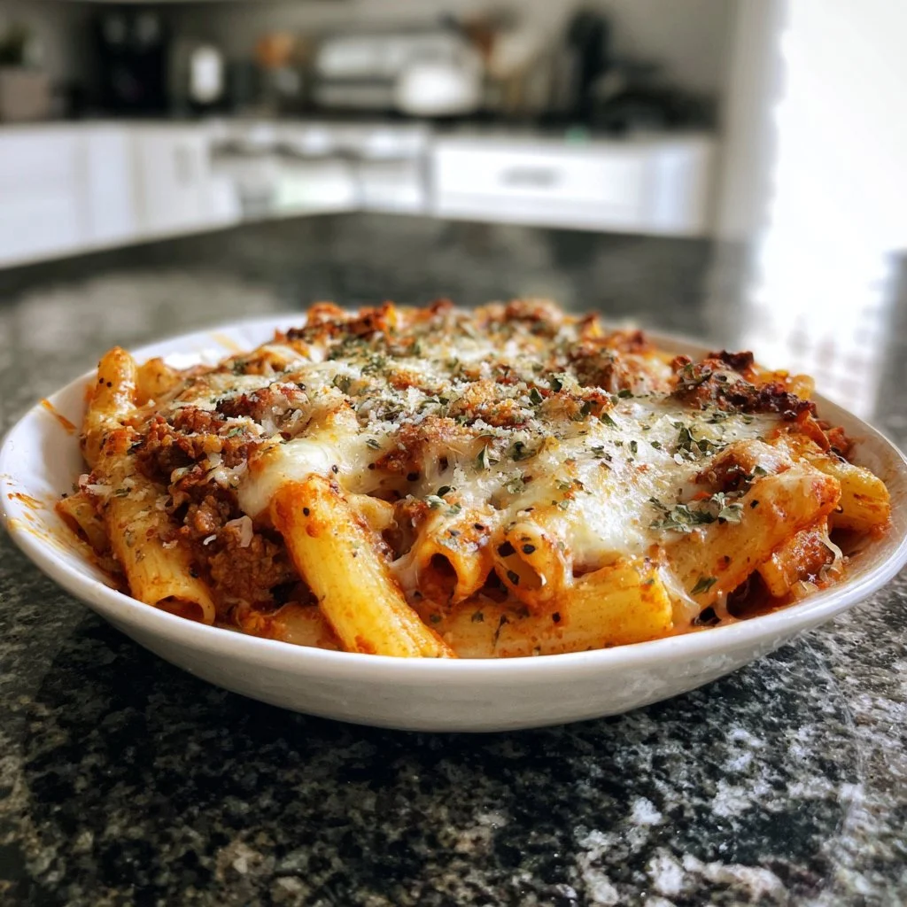 Delicious slow cooker baked ziti served in a cozy dish