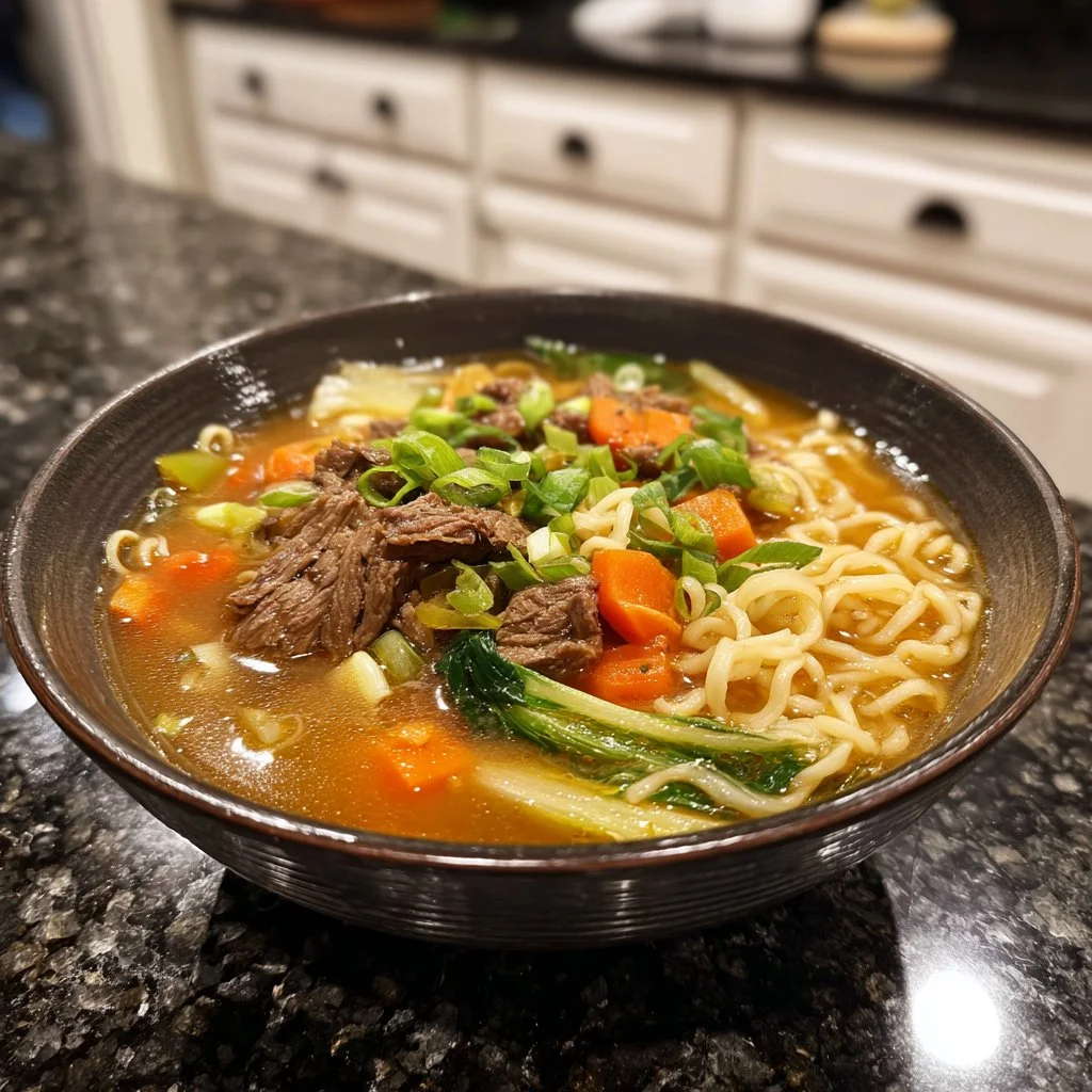 A comforting bowl of slow cooker beef ramen garnished with green onions and herbs.