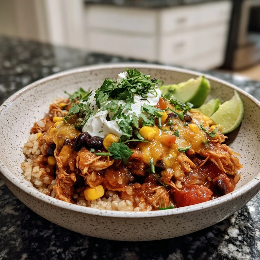 Cozy slow cooker chicken burrito bowl with rice, beans, and toppings.