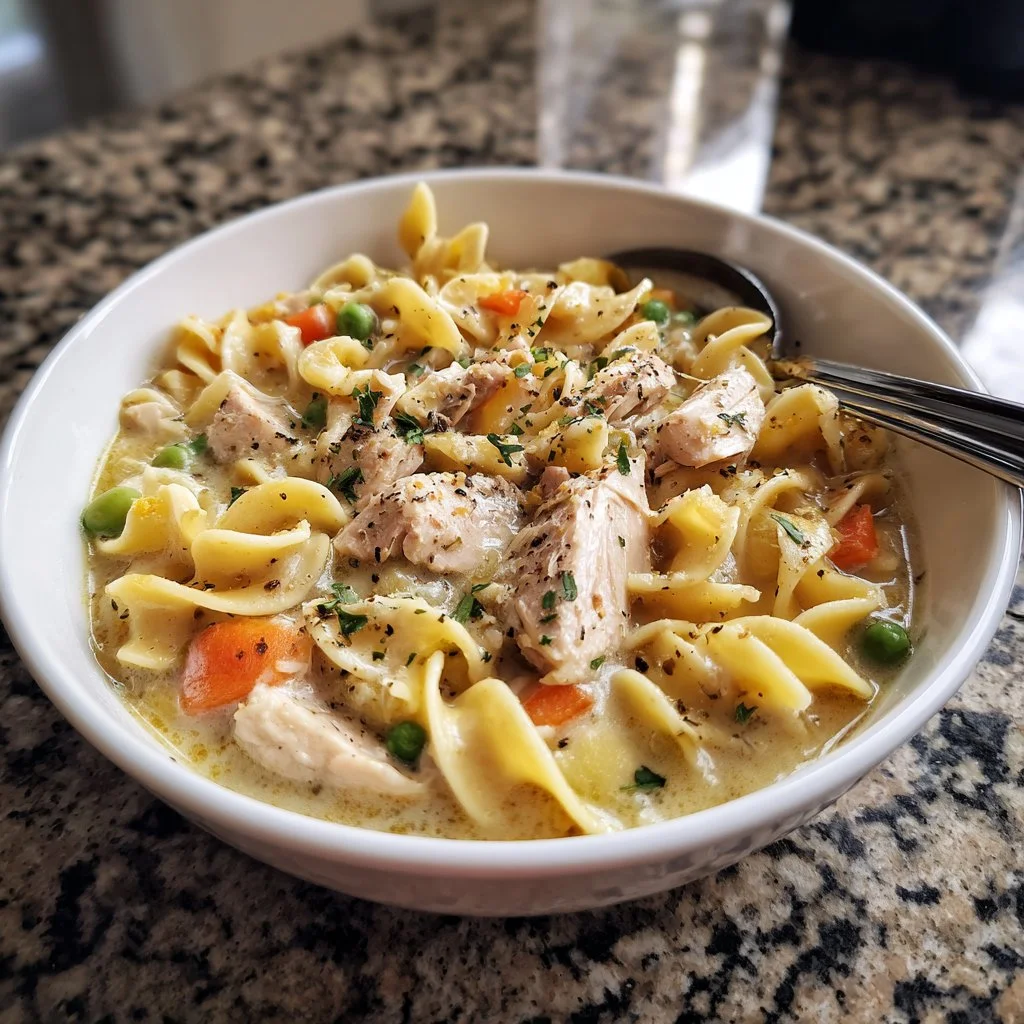 Cozy slow cooker chicken pot pie noodles in a bowl