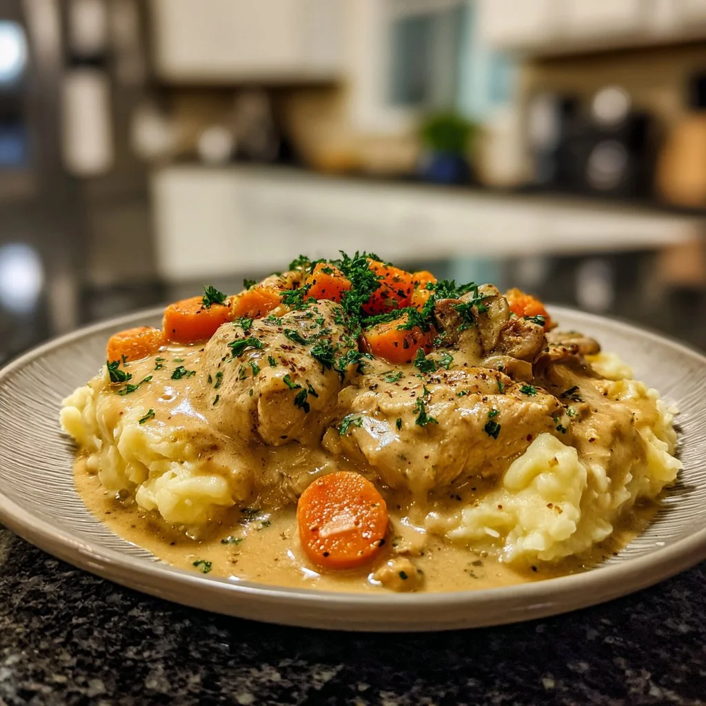Delicious creamy chicken gravy served with mashed potatoes in a cozy setting.