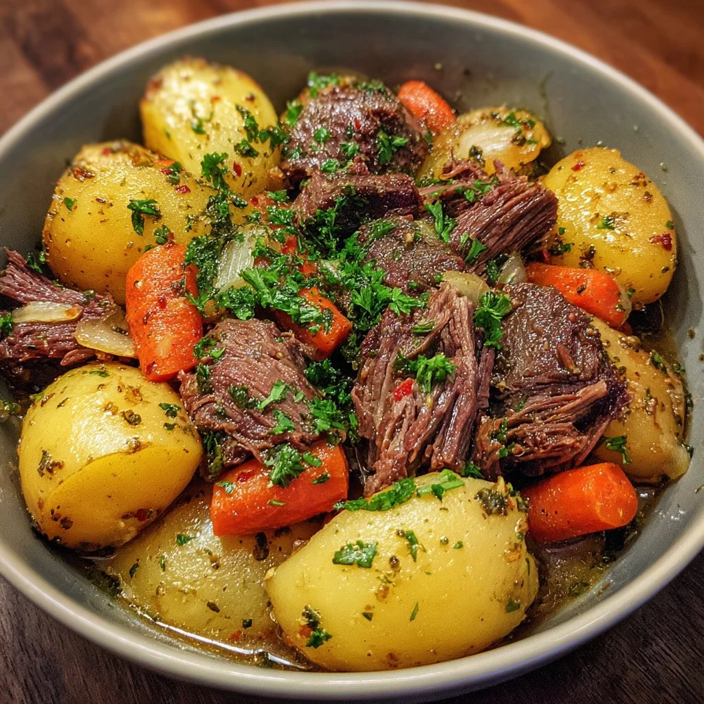 Cozy slow cooker garlic butter beef dish with potatoes and herbs