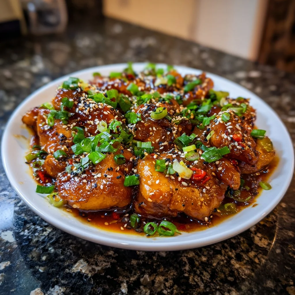 Slow cooker honey garlic chicken dish served with vegetables