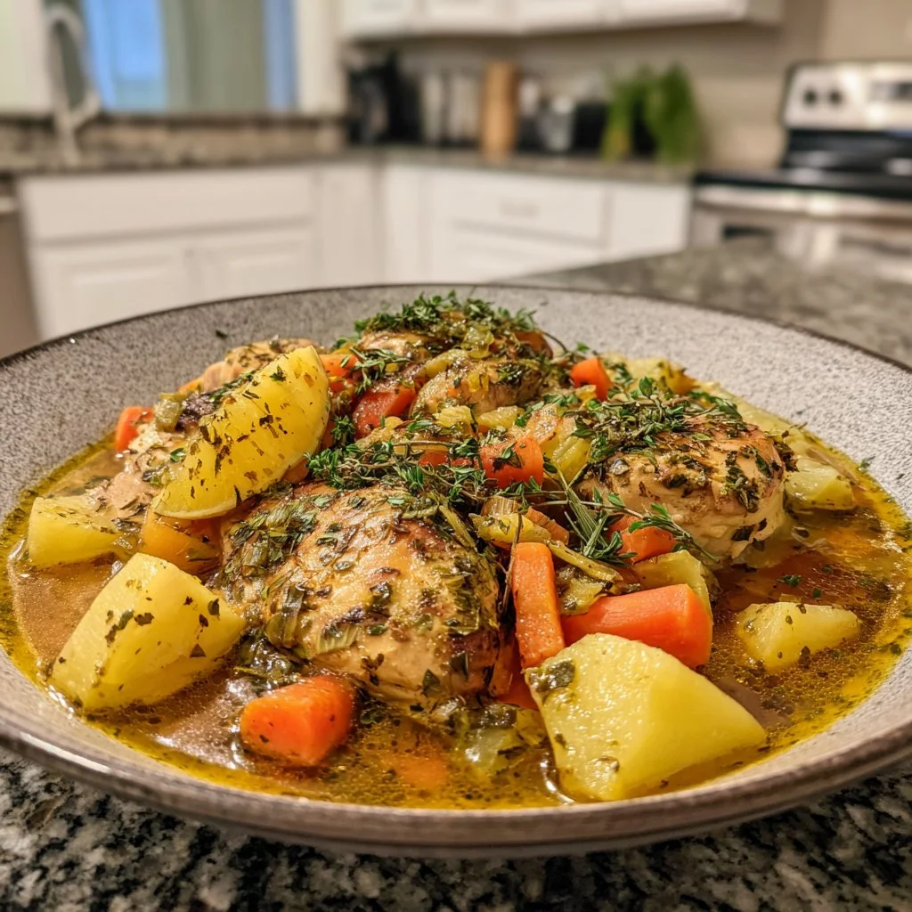 Cozy slow cooker lemon herb chicken dish served with herbs and lemon slices