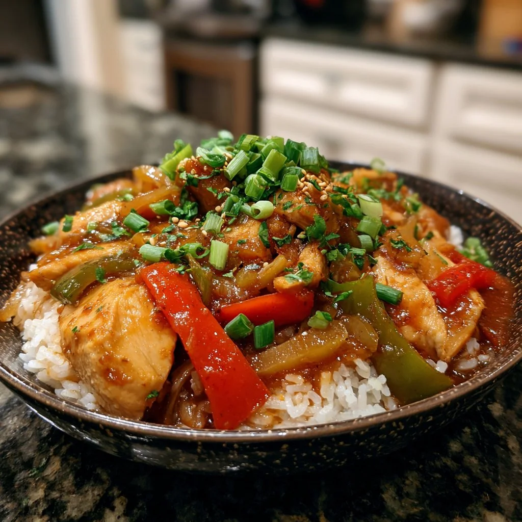 Slow cooker sweet chili chicken served in a cozy setting