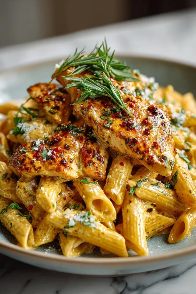 Delicious Crac Chicken Penne dish served with herbs and spices