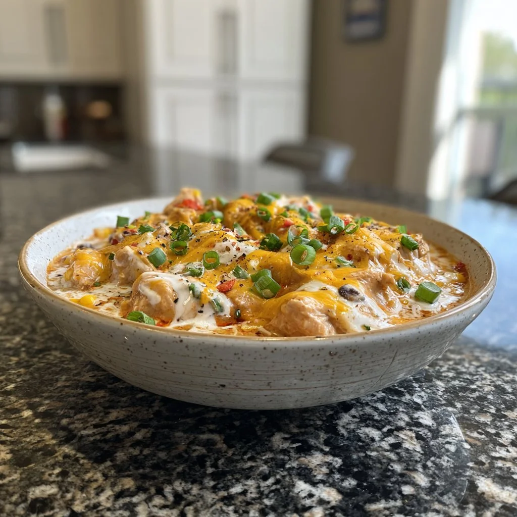 Delicious bowl of Cream Cheese Crack Chicken Chili topped with cheese and herbs.