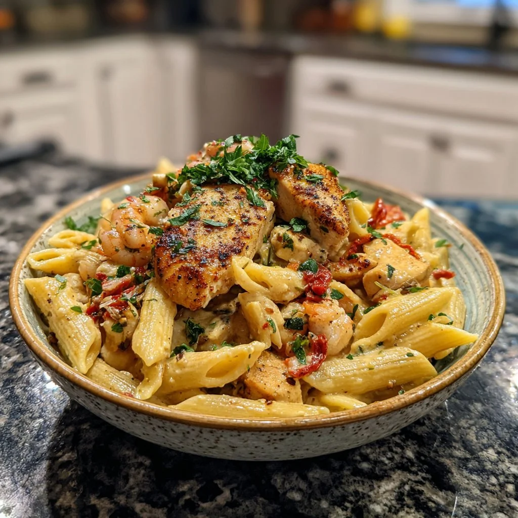 Delicious plate of creamy Cajun chicken pasta with colorful vegetables