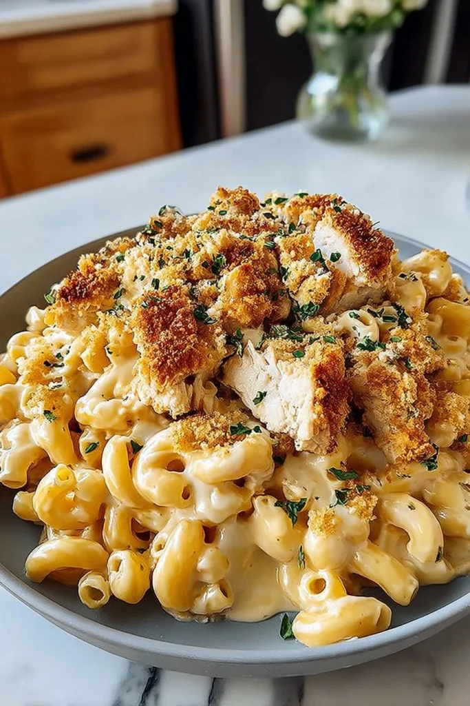 Creamy chicken mac and cheese in a baking dish topped with breadcrumbs
