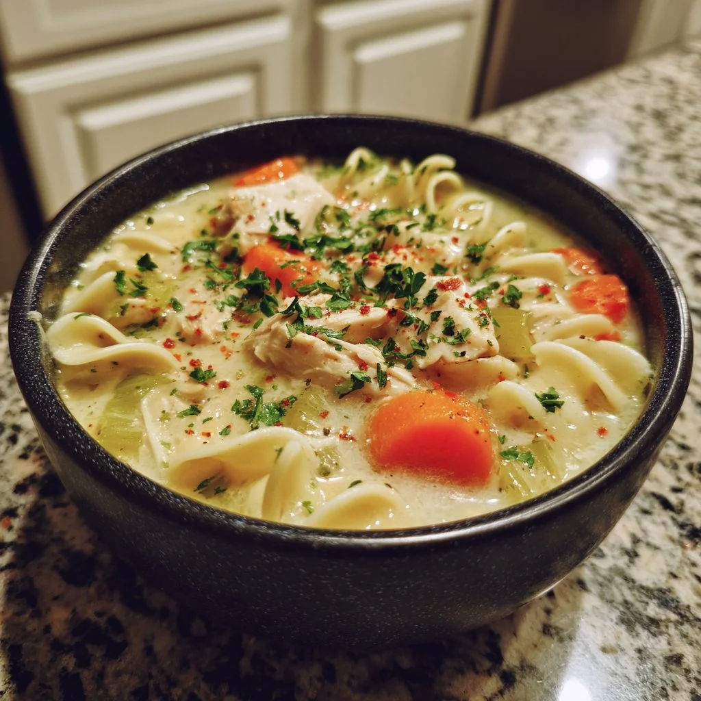 Bowl of creamy chicken noodle soup with vegetables and herbs