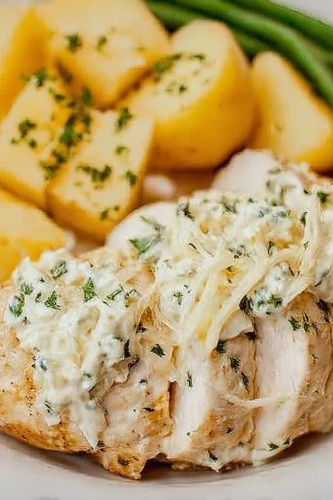 Creamy garlic herb chicken served with herbs and spices on a plate
