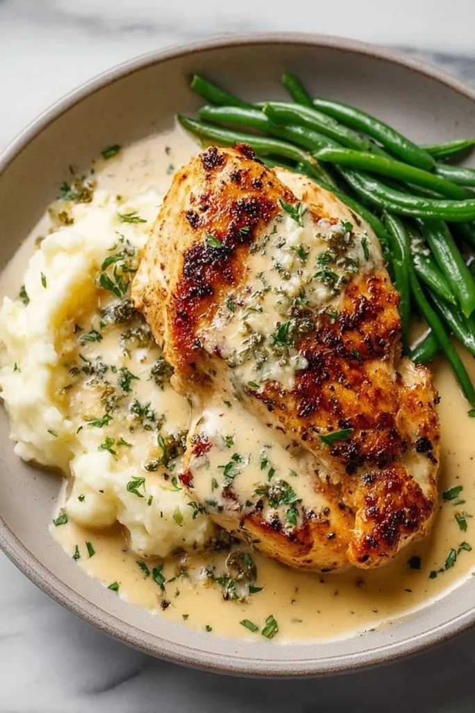 Creamy Garlic Parmesan Chicken Breast served with herbs