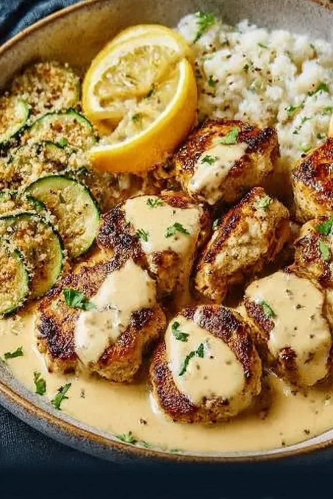 Creamy lemon butter chicken served with crispy zucchini for a delightful meal.