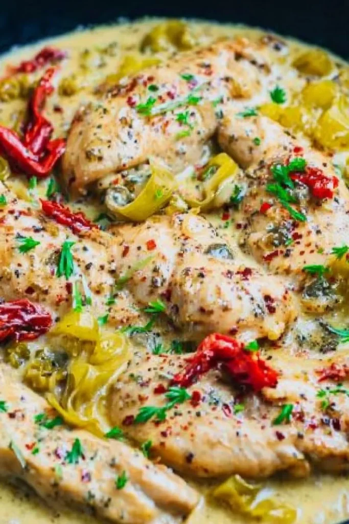 Creamy Pepperoncini Chicken with a side of vegetables on a plate