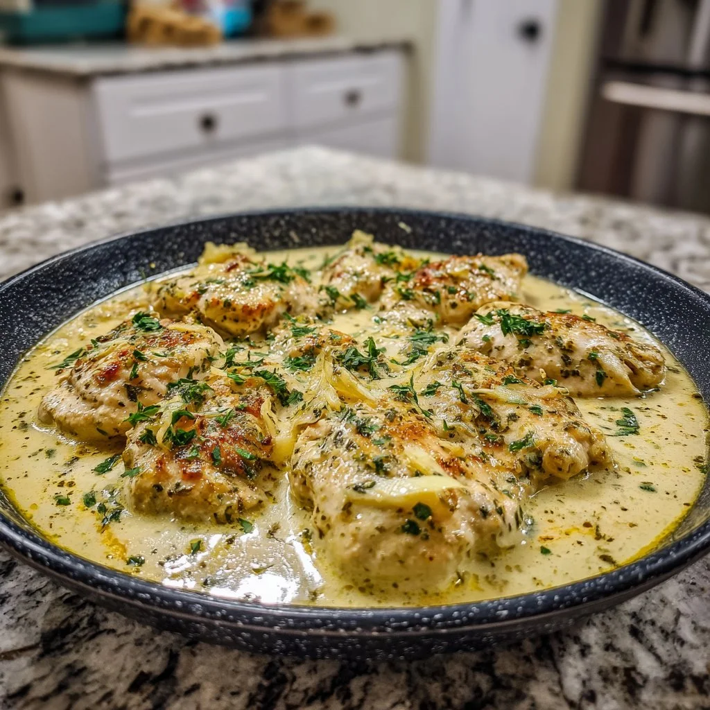 Creamy ranch chicken served with vegetables on a plate.