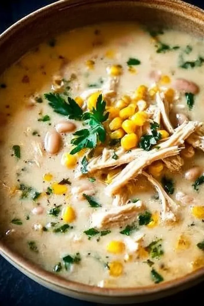 Bowl of creamy savory Crockpot white chicken chili soup topped with cilantro