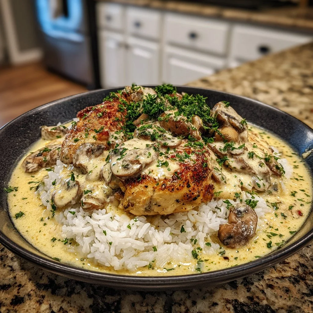 Delicious creamy smothered chicken served with rice on a plate