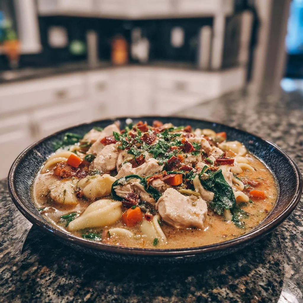 Creamy Tuscan chicken soup served in a bowl garnished with herbs