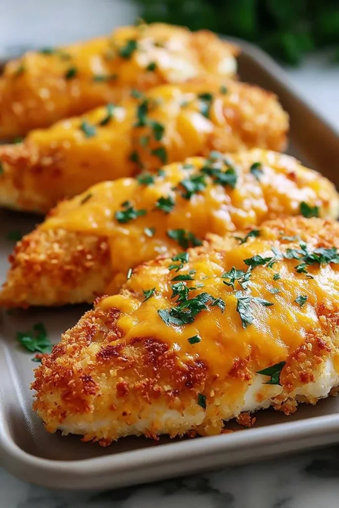Crispy cheddar chicken served on a plate with herbs and sides