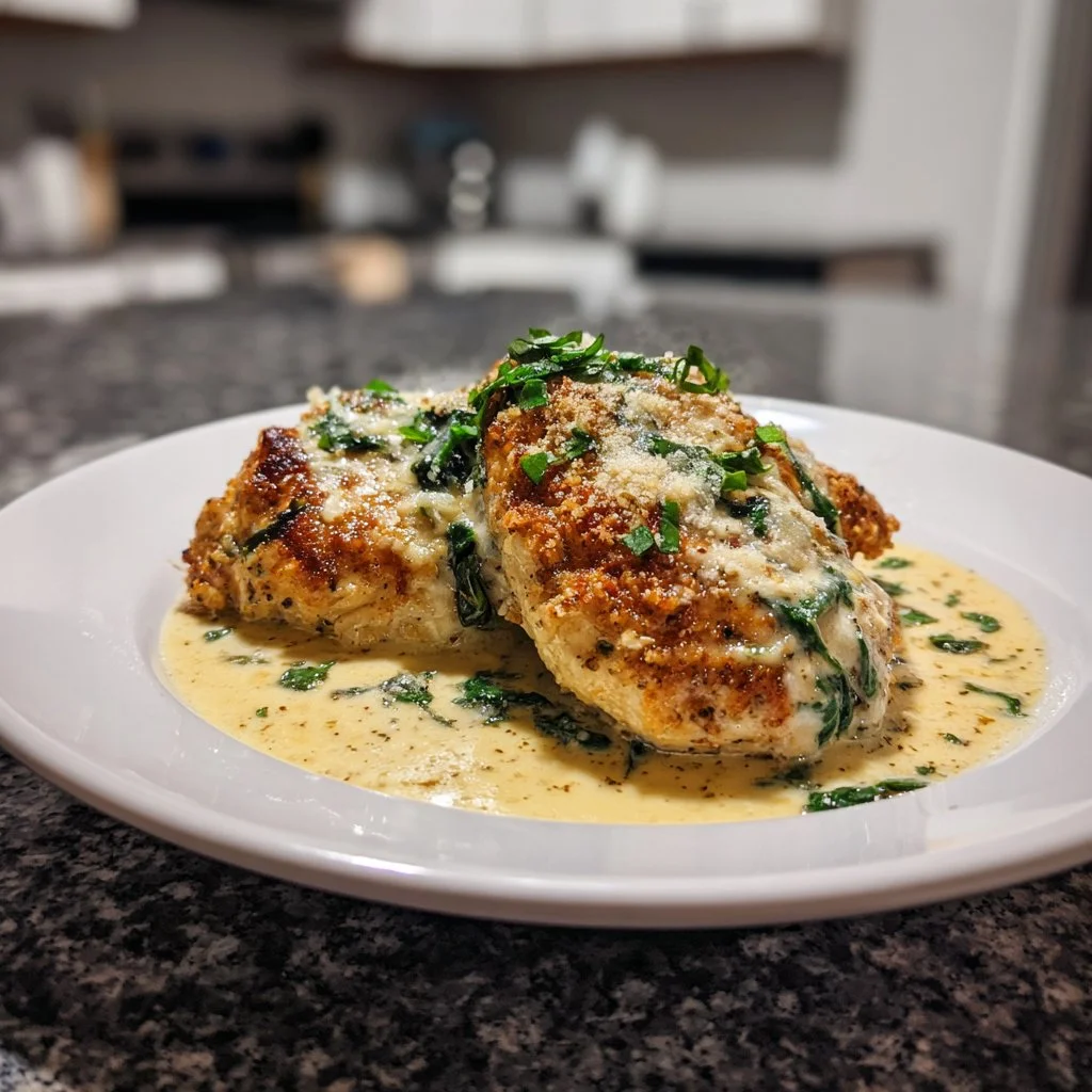 Crispy Parmesan chicken served with a rich garlic sauce for an easy dinner