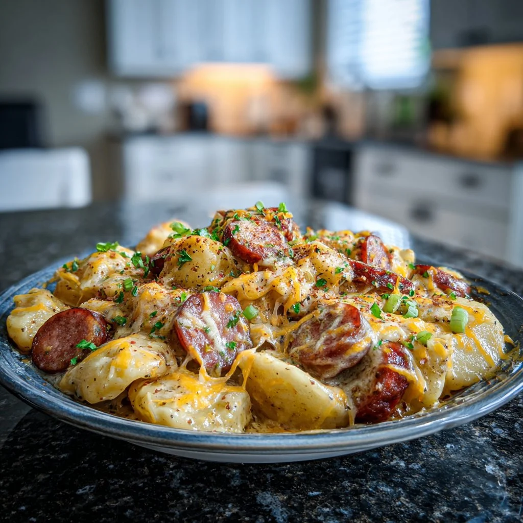 Crock Pot Pierogi Casserole with Kielbasa served in a dish