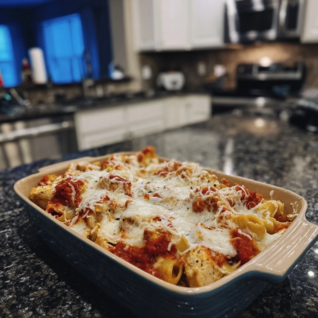 Delicious Dump-and-Bake Chicken Parmesan Casserole topped with cheese and herbs.